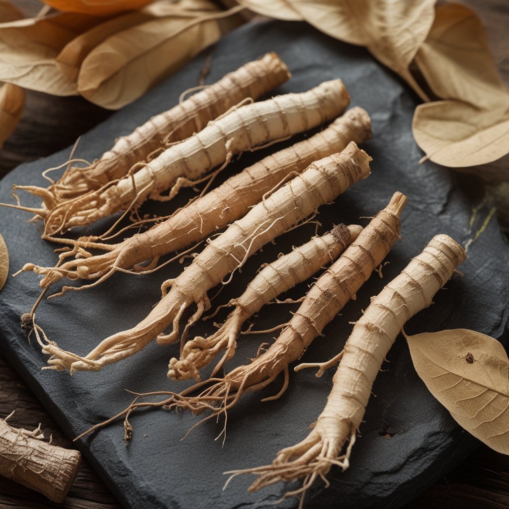 Fresh Panax ginseng roots with earthy texture arranged on a dark stone surface with dried leaves, showing the natural forked root structure typical of aged ginseng plants