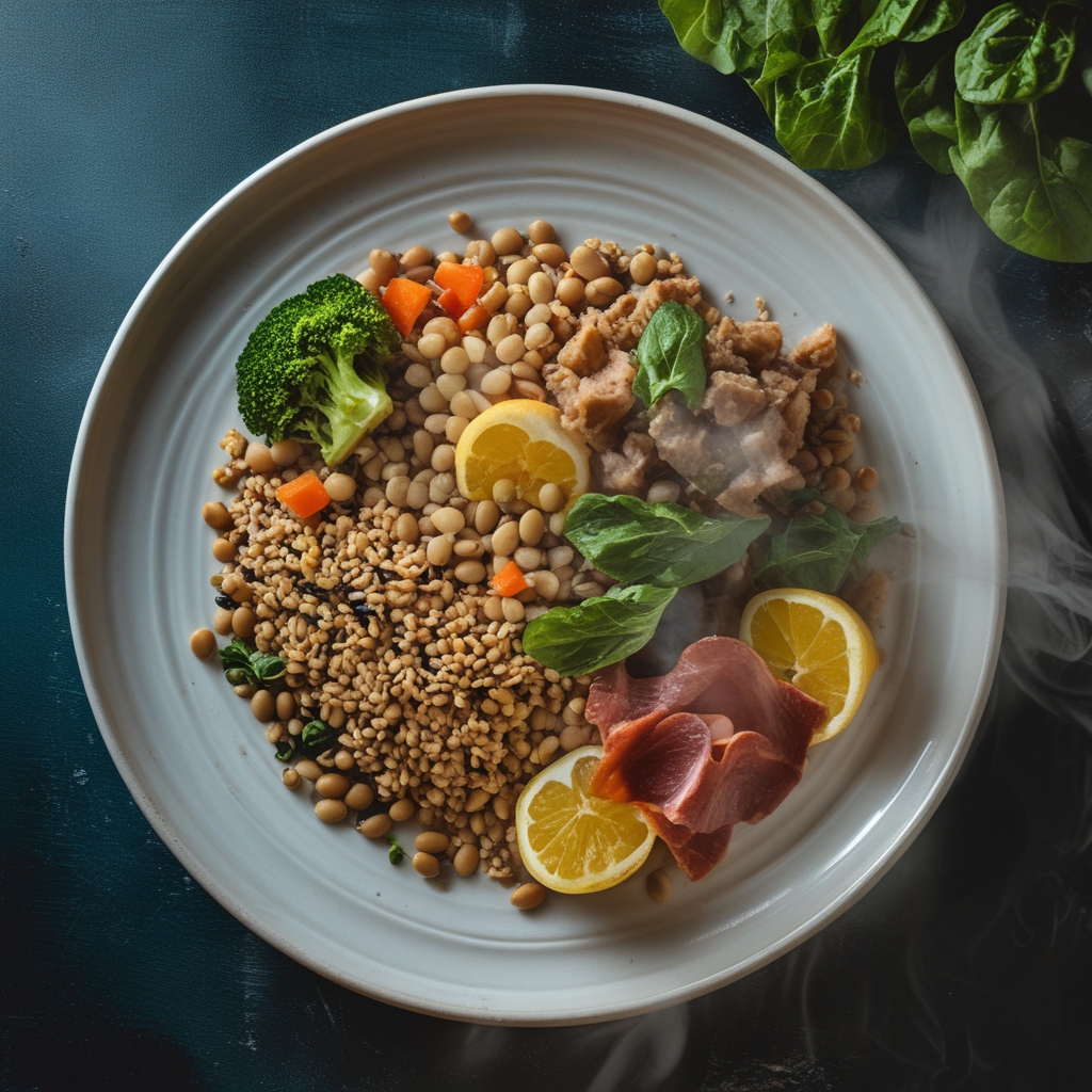 Balanced meal composition on a white ceramic plate featuring whole grains, legumes, and fresh vegetables in a clean kitchen setting with natural light